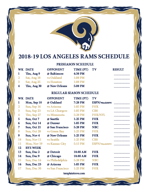 Printable 2018 2019 Los Angeles Rams Schedule