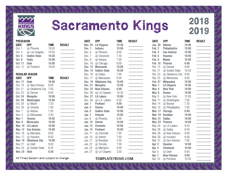 Printable 2018 2019 Sacramento Kings Schedule