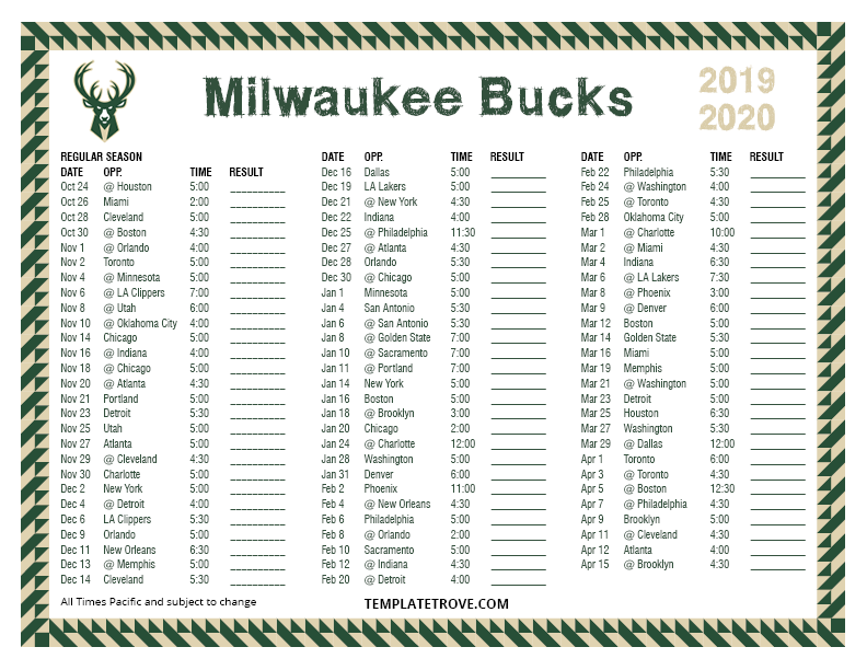 Printable 2019 2020 Milwaukee Bucks Schedule