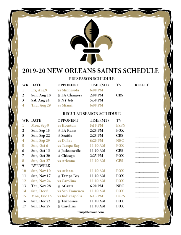 Printable 2019 2020 New Orleans Saints Schedule FreePrintable.me