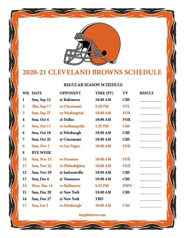 Printable 2020 2021 Cleveland Browns Schedule