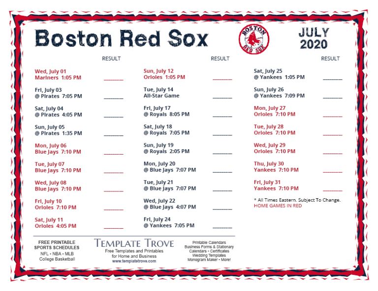 Red Sox Printable Schedule With Times FreePrintable.me