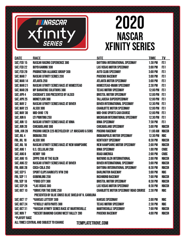 Printable 2020 NASCAR Schedule