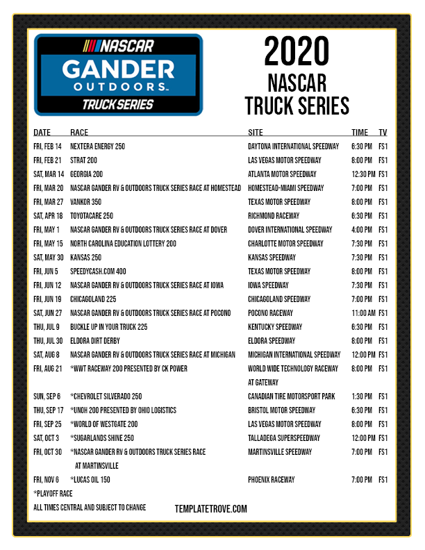 Printable 2020 NASCAR Truck Series Schedule FreePrintable.me
