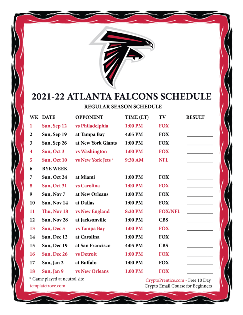 Printable 2021 2022 Atlanta Falcons Schedule