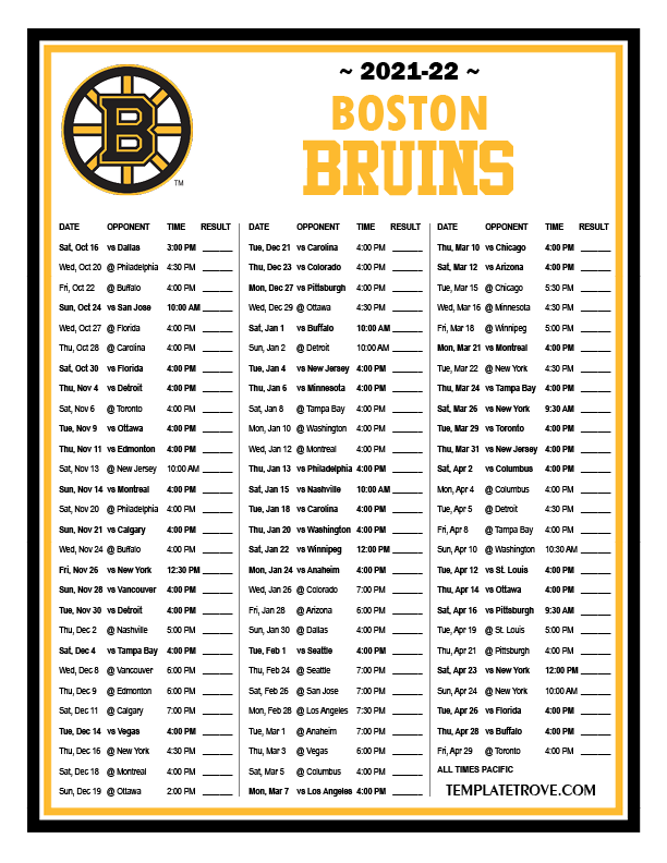 Boston Bruins Home Schedule Printable FreePrintable.me