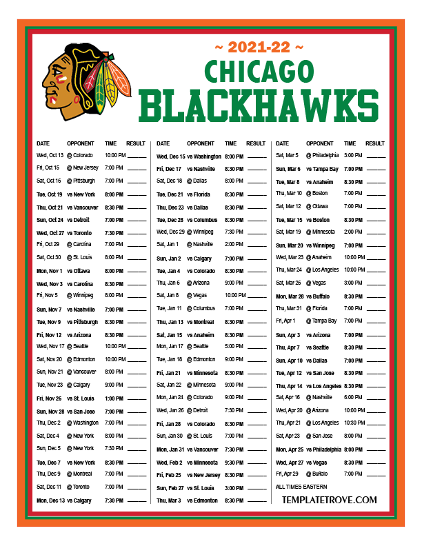 Printable 2021 2022 Chicago Blackhawks Schedule