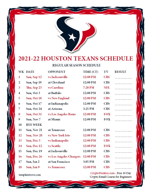 Printable 2021 2022 Houston Texans Schedule