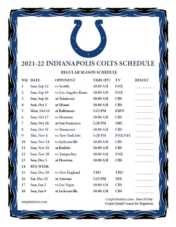 Printable 2021 2022 Indianapolis Colts Schedule