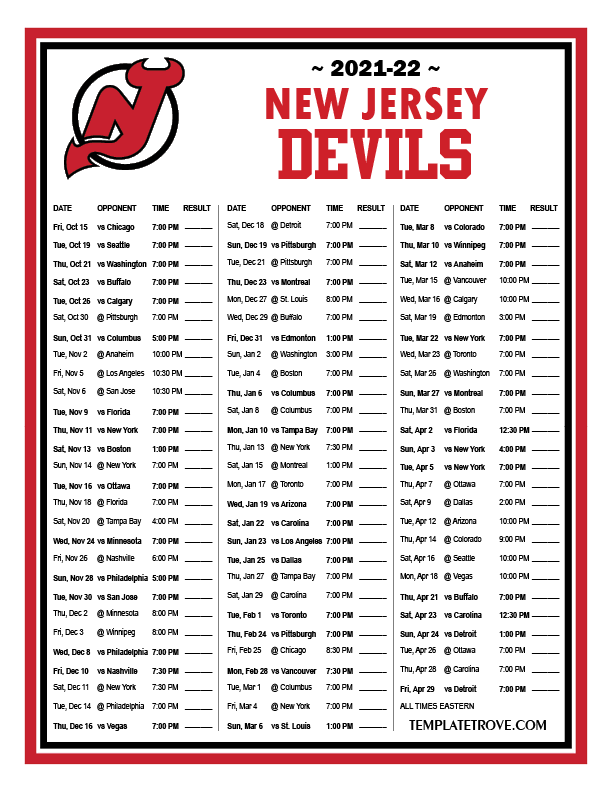 Printable 2021 2022 New Jersey Devils Schedule