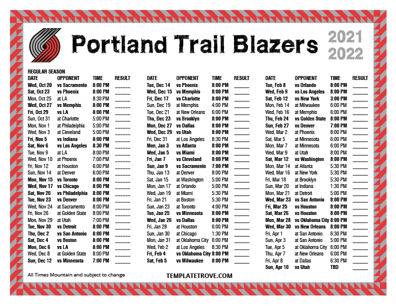 Printable 2021 2022 Portland Trail Blazers Schedule