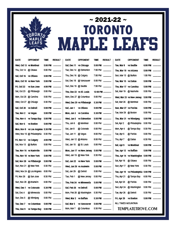 Printable 2021 2022 Toronto Maple Leafs Schedule