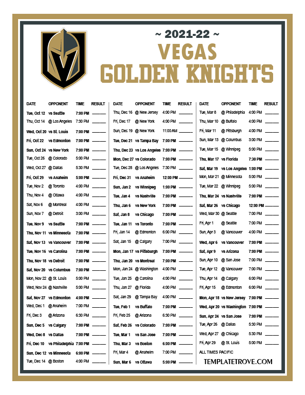 Printable 2021 2022 Vegas Golden Knights Schedule