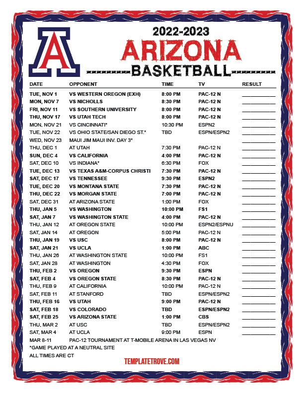 Printable 2022 2023 Arizona Wildcats Basketball Schedule FreePrintable.me