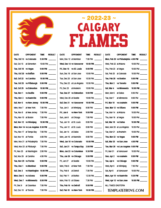 Printable 2022 2023 Calgary Flames Schedule