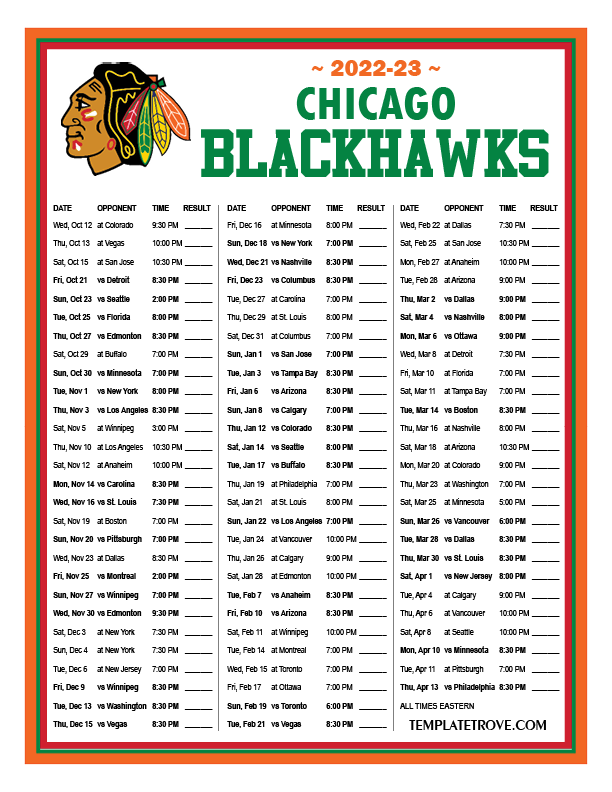 Printable 2022 2023 Chicago Blackhawks Schedule