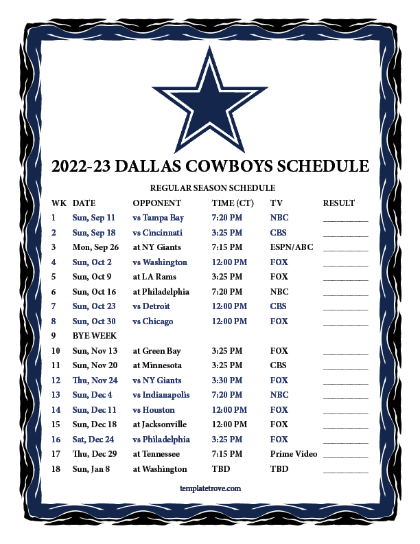 Printable 2022 2023 Dallas Cowboys Schedule