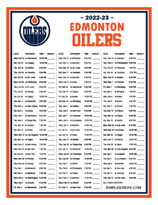 Printable 2022 2023 Edmonton Oilers Schedule