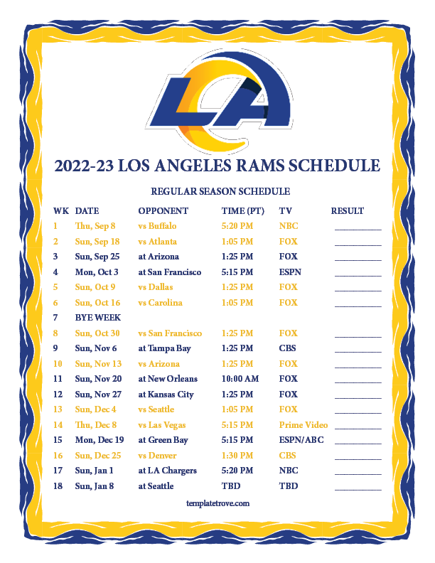 Printable 2022 2023 Los Angeles Rams Schedule