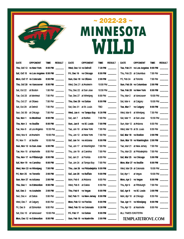 Printable 2022 2023 Minnesota Wild Schedule