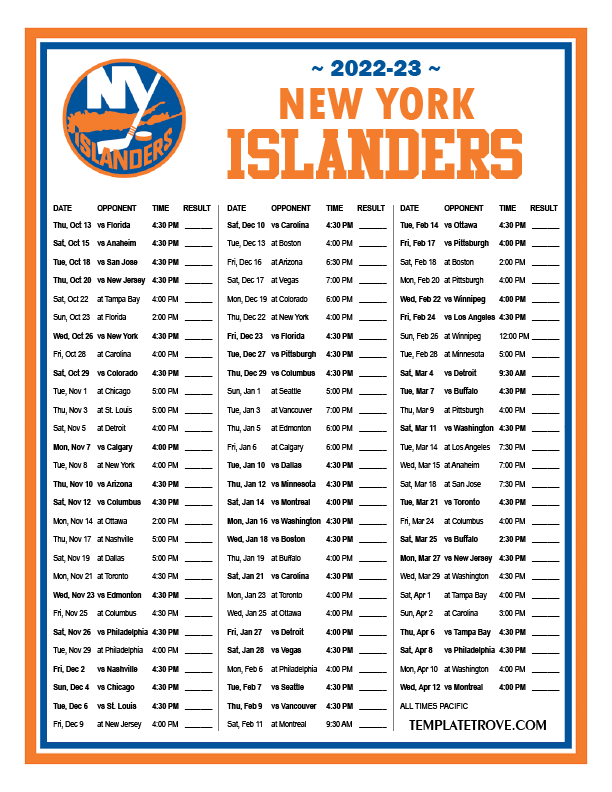 Printable 2022 2023 New York Islanders Schedule FreePrintable.me