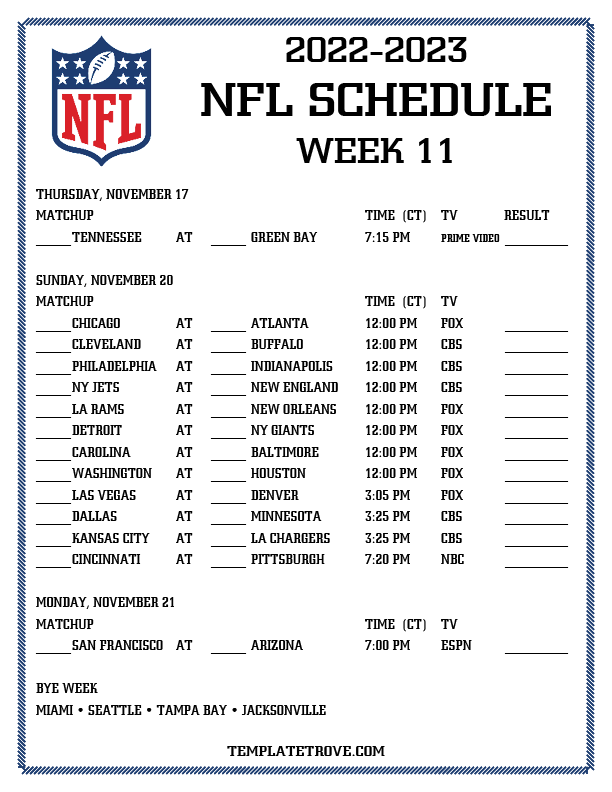 Printable 2022 2023 NFL Schedule Week 11