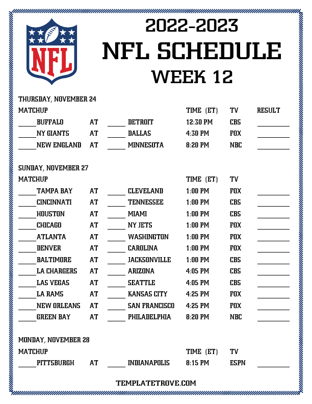 Printable 2022 2023 NFL Schedule Week 12