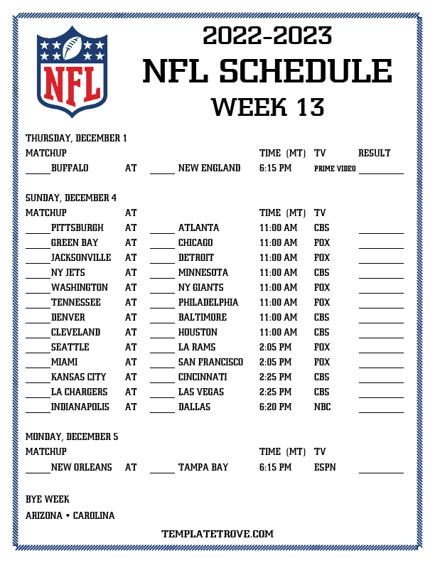 Printable 2022 2023 NFL Schedule Week 13