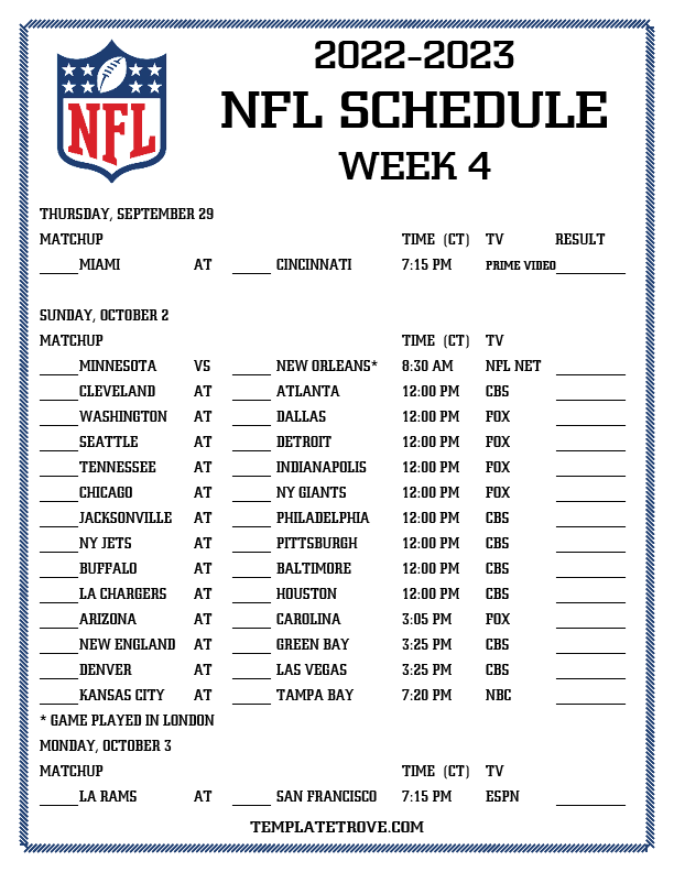 Printable 2022 2023 NFL Schedule Week 4