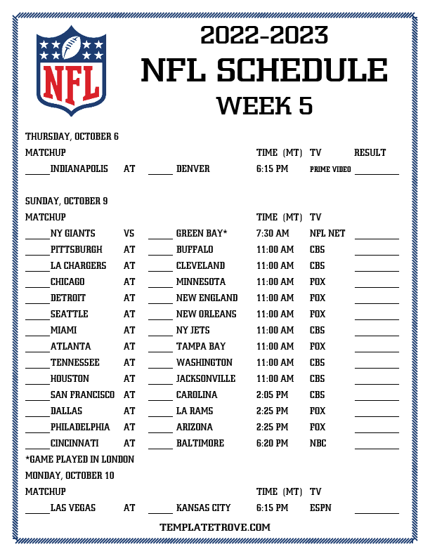 Printable 2022 2023 NFL Schedule Week 5