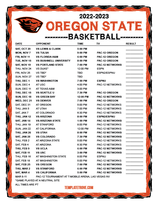 Printable 2022 2023 Oregon State Beavers Basketball Schedule