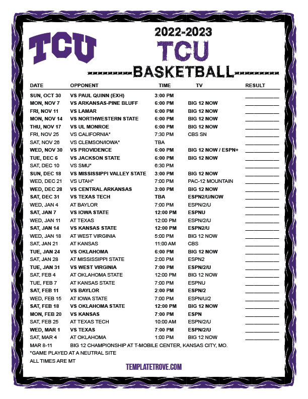 Printable 2022 2023 TCU Horned Frogs Basketball Schedule