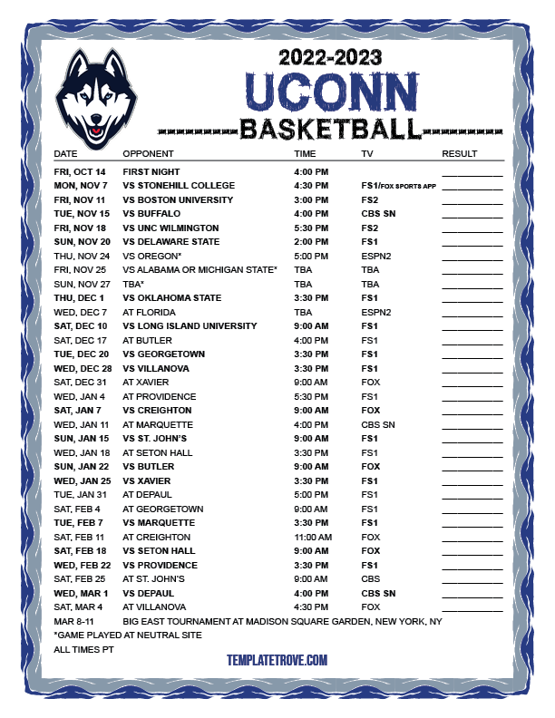 Printable 2022 2023 UConn Huskies Basketball Schedule