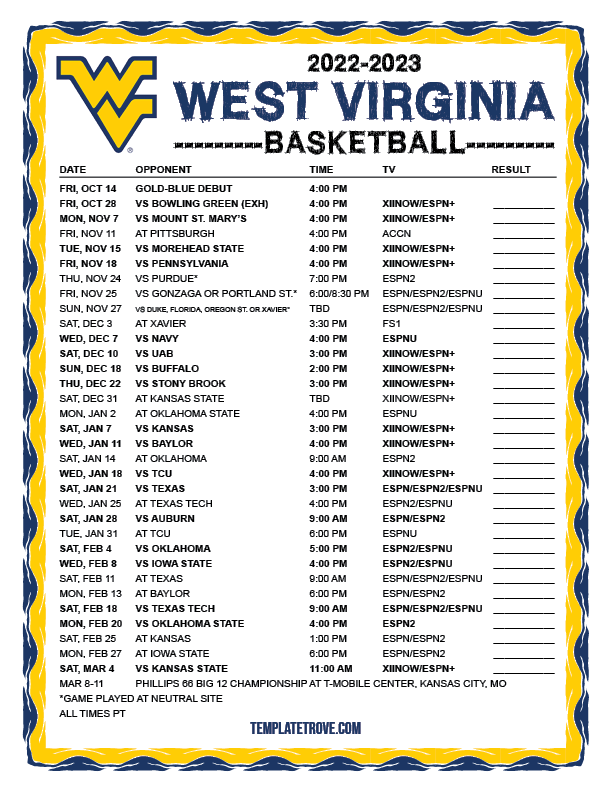 Printable 2022 2023 West Virginia Mountaineers Basketball Schedule