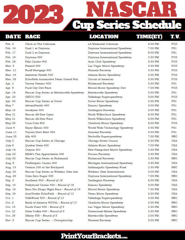 Printable 2022 Nascar Schedule Monster Cup Series Dates Times