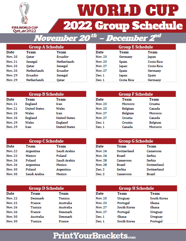 Printable 2022 World Cup Group Schedule