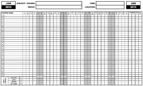 Printable Attendance Sheet 2013