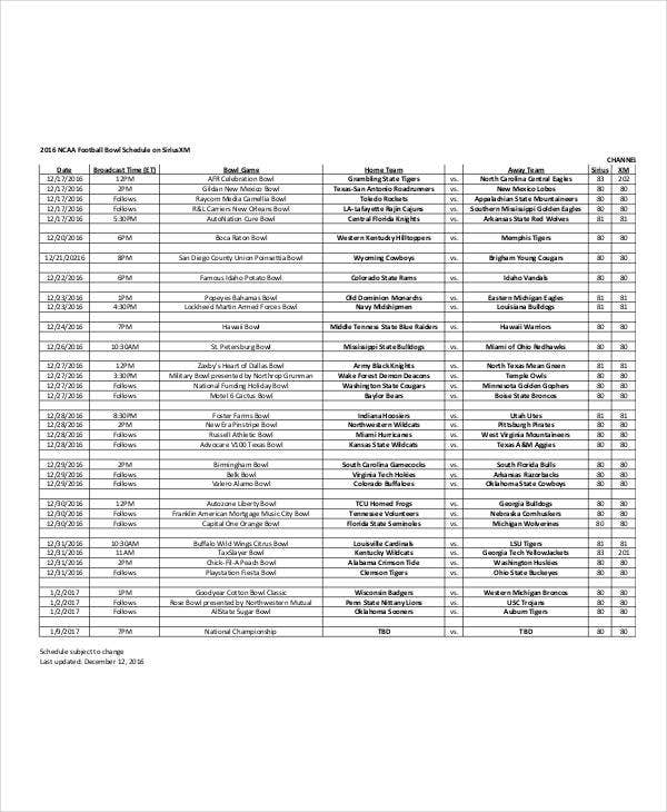 Printable Bowl Schedule Templates 9 Free PDF Format Download Free