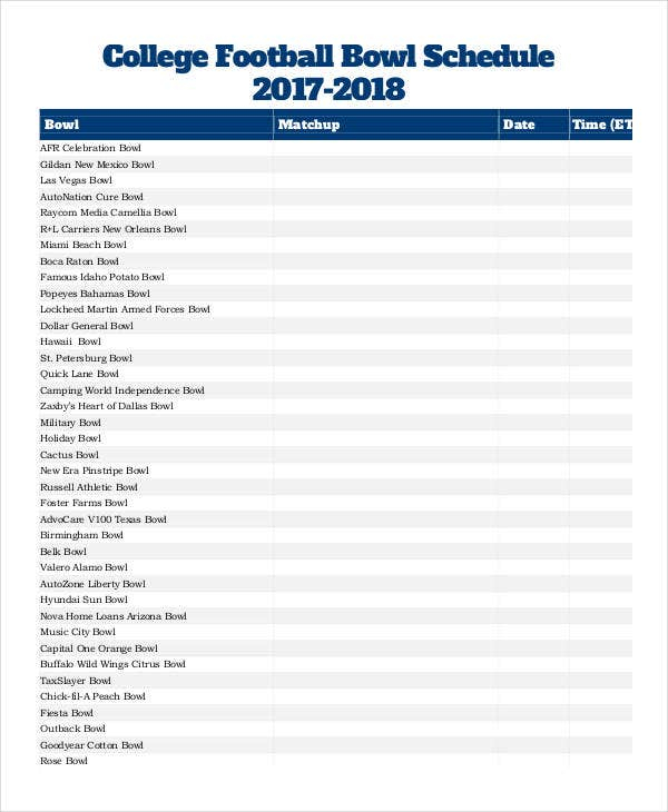 Printable Bowl Schedule Templates 9 Free PDF Format Download Free