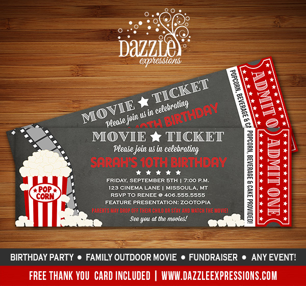 Printable Chalkboard Movie Night Ticket Birthday Invitation Event 