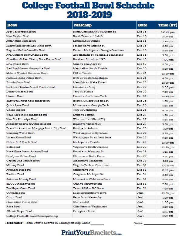 Printable College Football Bowl Schedule Pick em College Football 