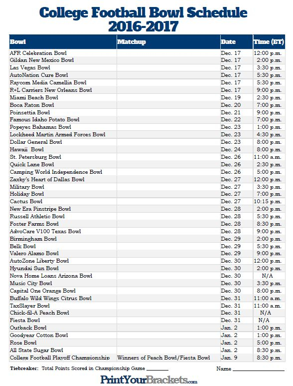 Printable College Football Bowl Schedule Pick em College Football