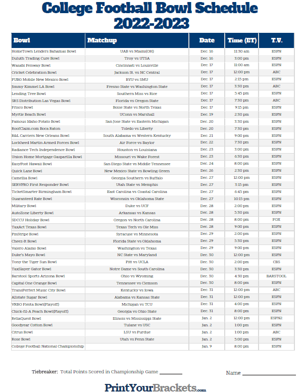 Printable College Bowl Schedule 2023 23 FreePrintable.me