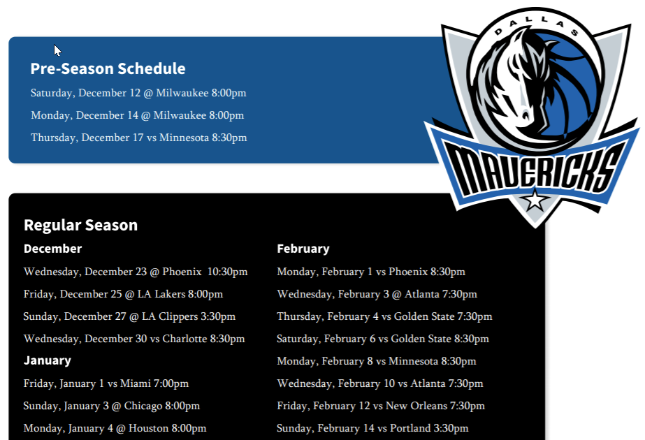 Printable Dallas Mavs Schedule TV Schedule Updated For 2020 21 Season 