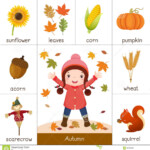 Printable Flash Card For Autumn And Little Girl Playing With Aut Stock