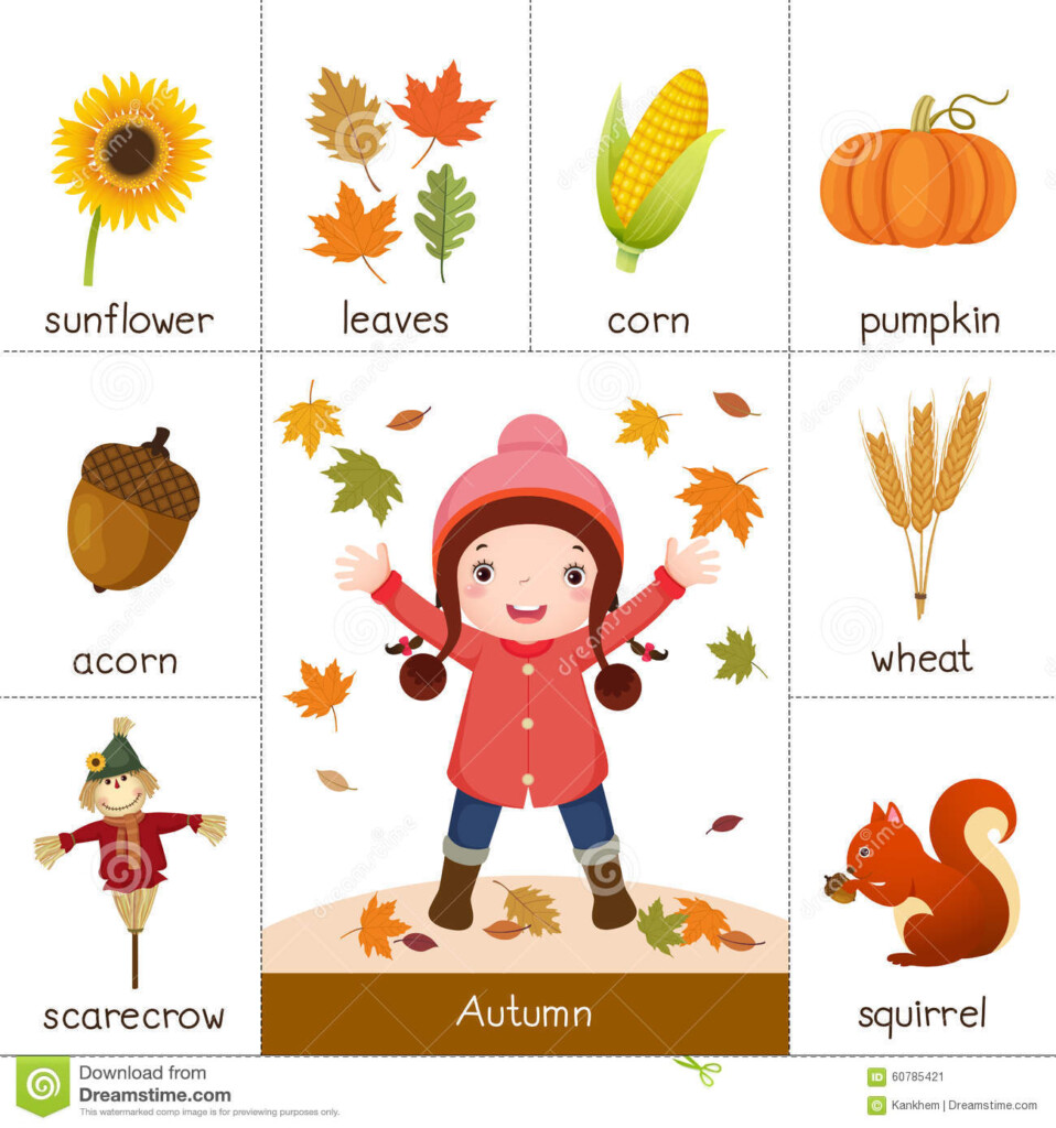 Printable Flash Card For Autumn And Little Girl Playing With Aut Stock 