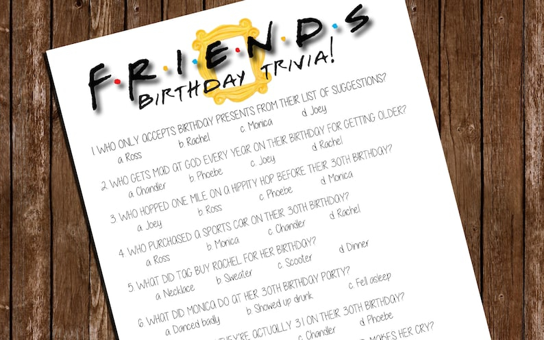 Printable FRIENDS Birthday Game Birthday Trivia Etsy