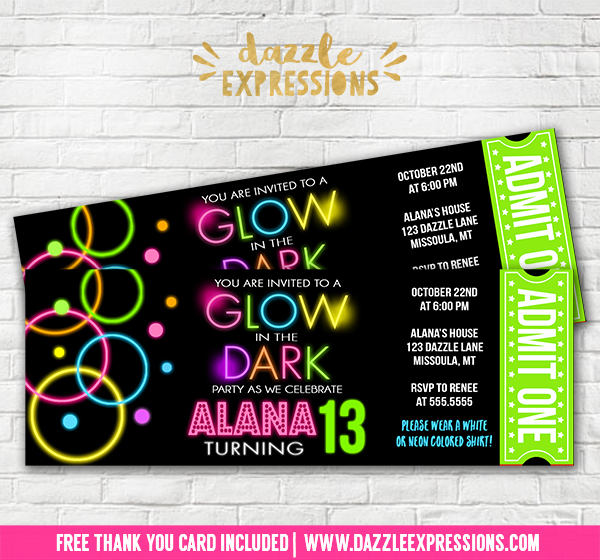 Printable Girl Glow In The Dark Ticket Birthday Invitation Disco 