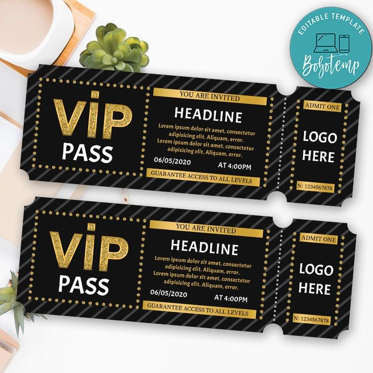 Printable Gold Vip Pass Admission Ticket Template DIY In 2020 Ticket 