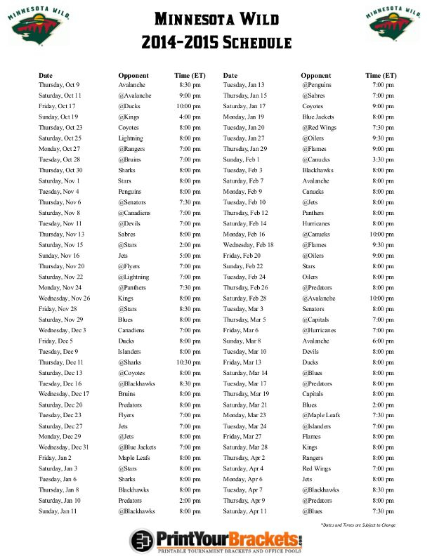 Printable Minnesota Wild Hockey Schedule 2014 2015 Boston Bruins